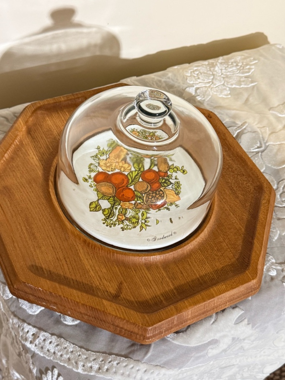VTG Goodwood "Spice of Life" teak wood cheese board and glass dome cloche